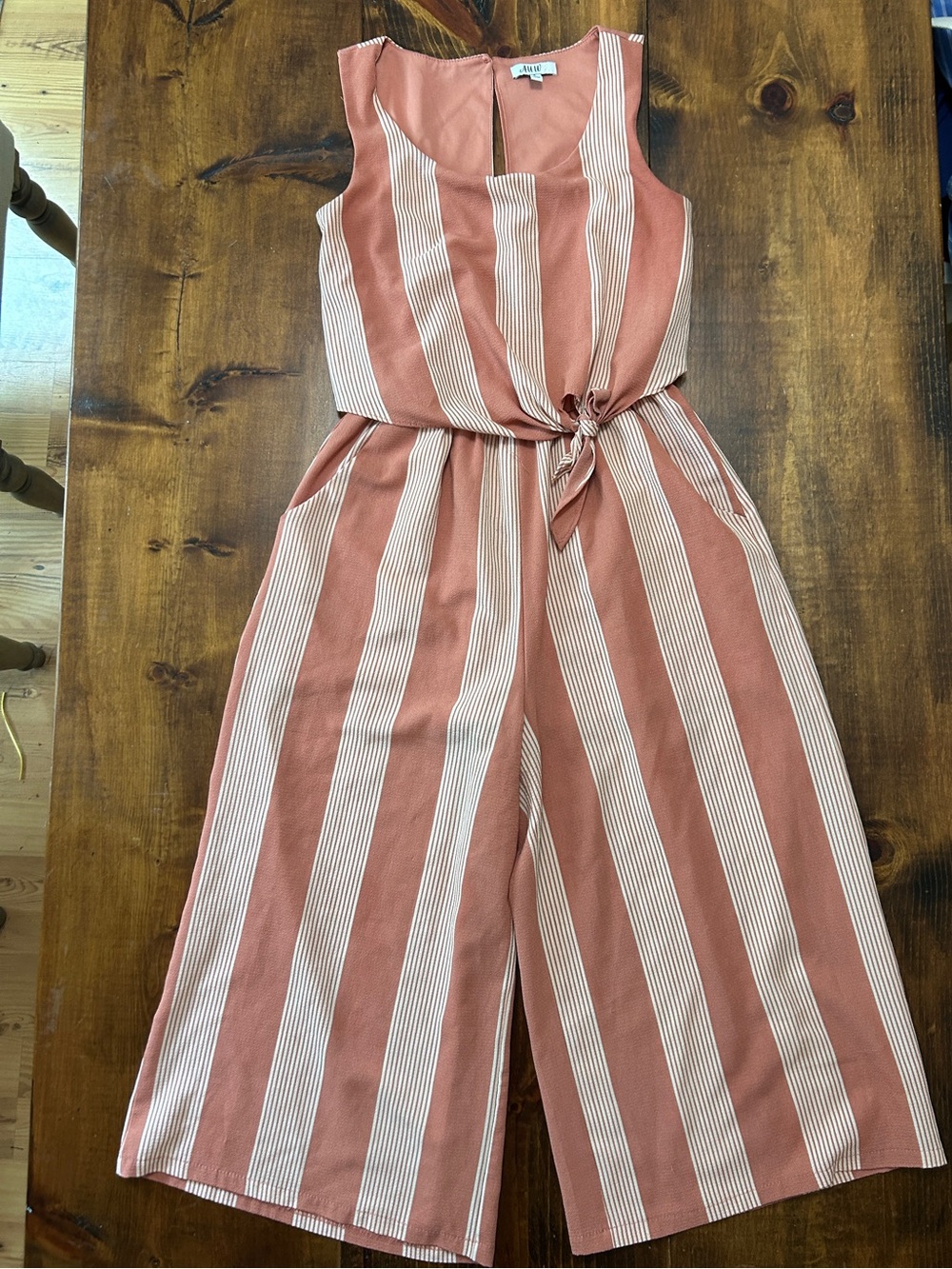 Peachy Orange Striped Jumpsuit AUW Womens Small with Ties